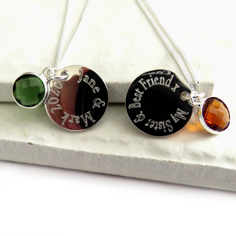 EDGE ENGRAVED NECKLACE WITH BIRTHSTONE - PERSONALISED