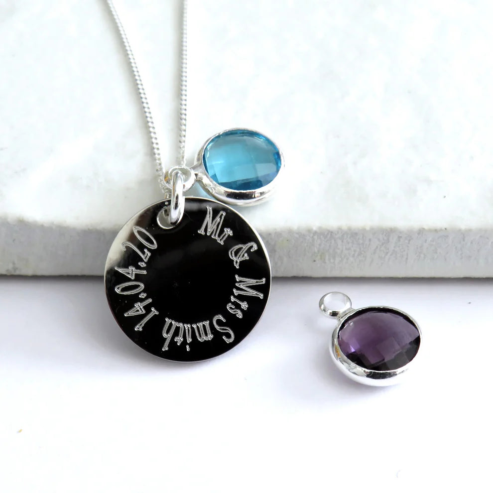 EDGE ENGRAVED NECKLACE WITH BIRTHSTONE - PERSONALISED