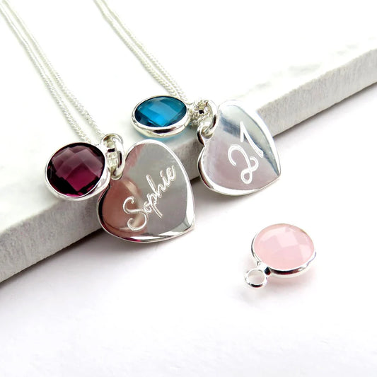 SCRIPT HEART WITH BIRTHSTONE NECKLACE  - PERSONALISED